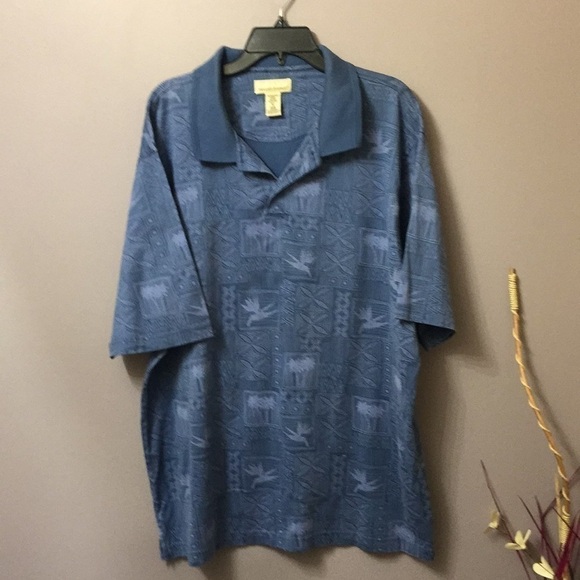 𝅺HAWAIIAN print blue polo gray Aztec design palm trees bird of paradise size XL - Picture 5 of 10